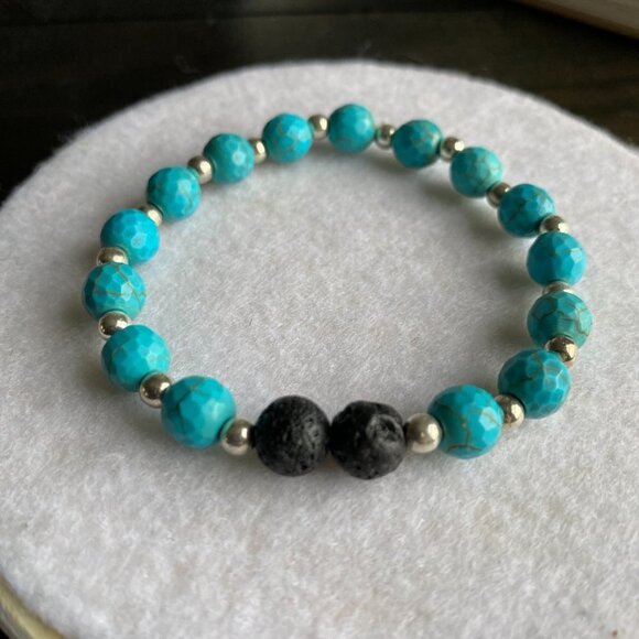 Fun handmade stretch turquoise beaded bracelet silver separaters lava beads - Picture 2 of 4